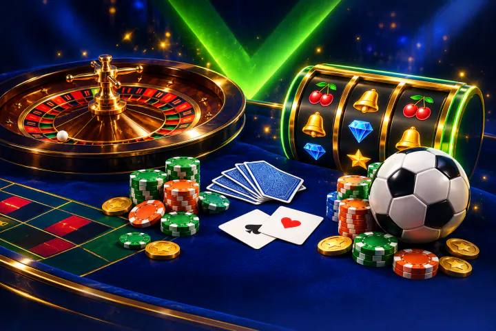 Velwins Casino slots and live tables: a roulette wheel, chips and a slot reel under green light